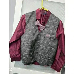 A_ Happy Fella Size 14 Boys Burgundy Collard shirt and Gray Plaid Vest w/bow tie